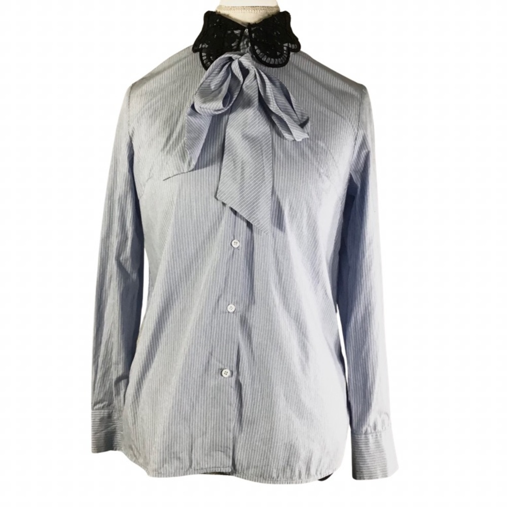 Sandro Blue Stripe Button-Up Blouse with Black Lace Collar